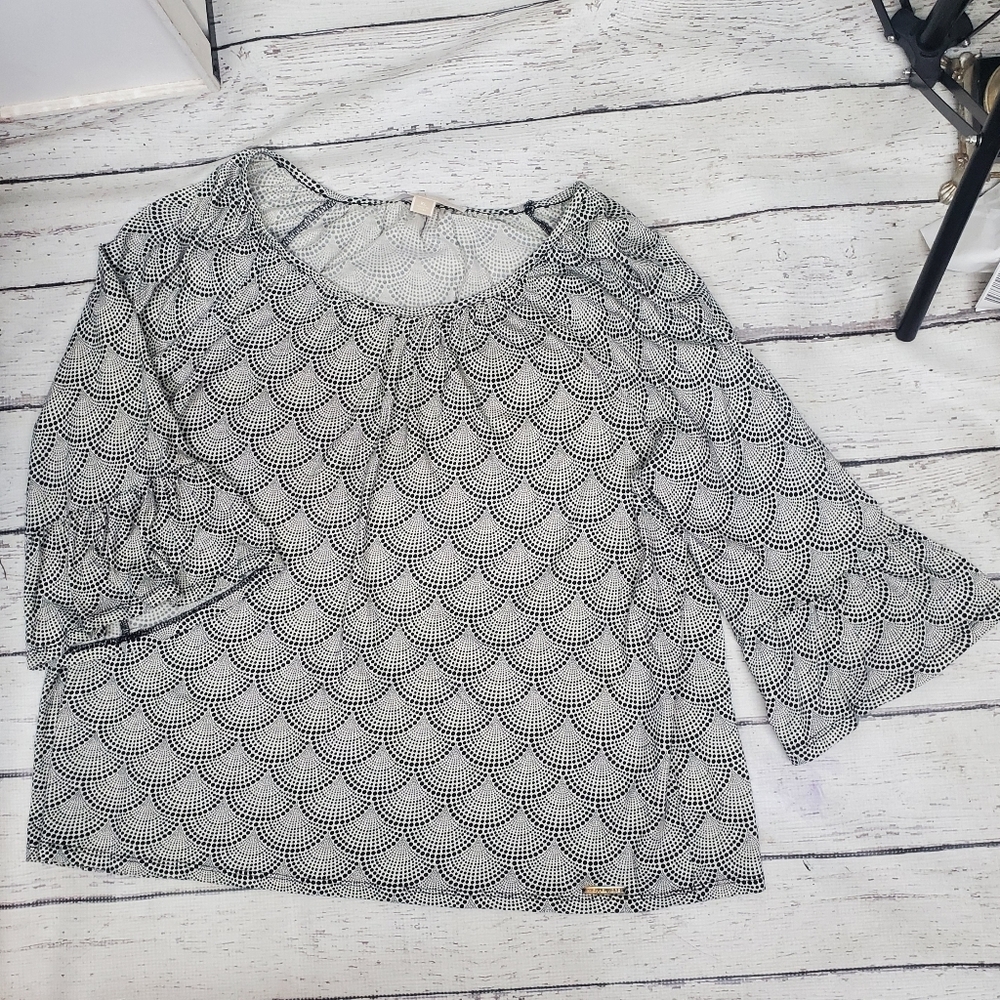 MICHAEL Michael Kors Black White 3/4 Sleeves Flared Cuffs Relax Fit Pullover